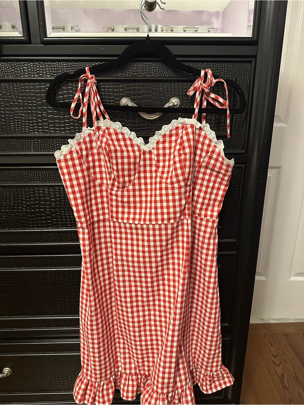 Red Gingham Tie-Shoulder Mini Dress with Lace Trim